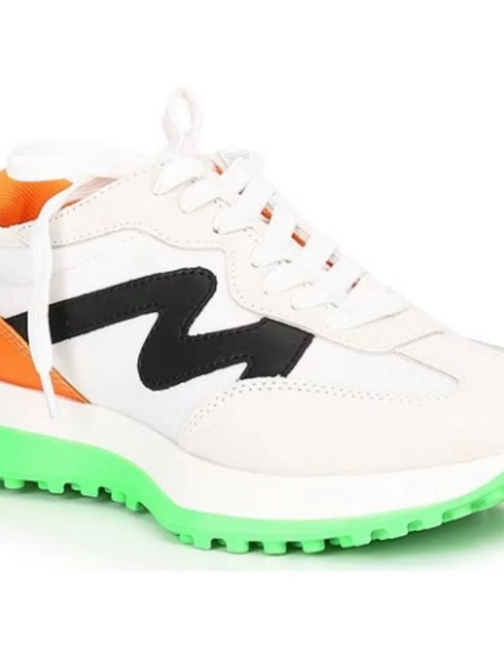Steve Madden White Sneakers with Orange Interior and Green Sole Accents